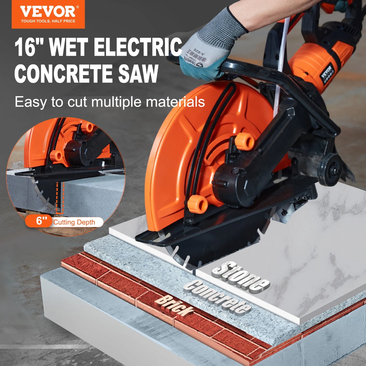 VEVOR Electric Concrete Saw 15A Motor Circular Saw Cutter with Max. 6 in Adjustable Cutting Depth Wet Disk Saw Cutter for Brick