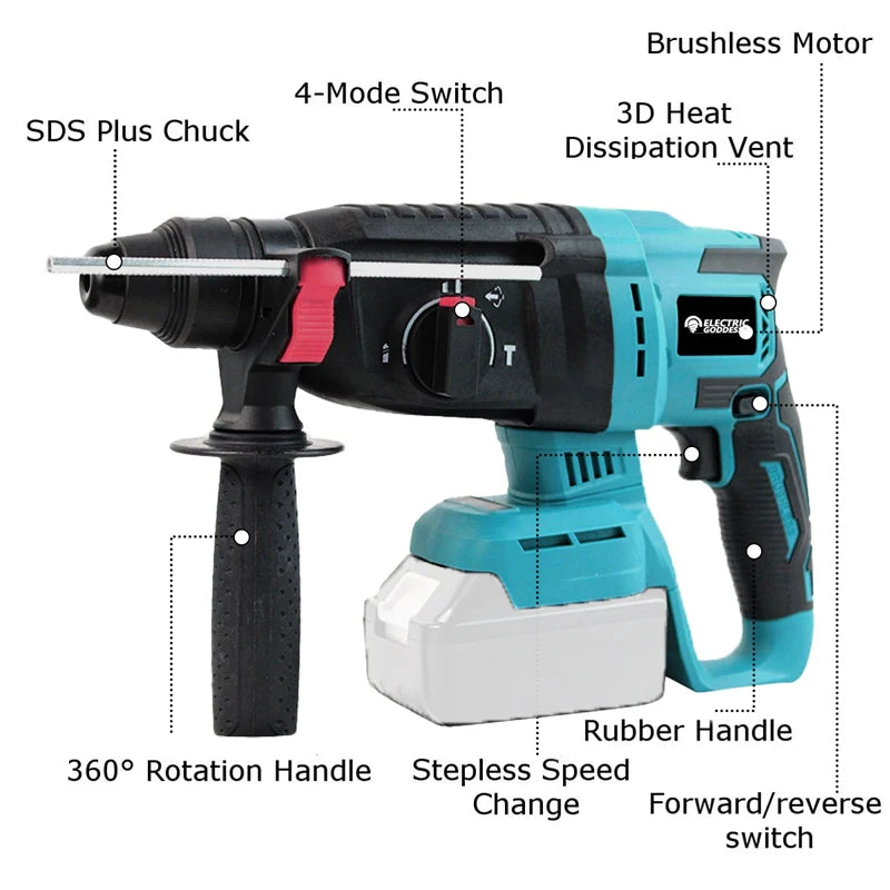 Electric Goddess Cordless Electric Impact Drill Electric Hammer Multifunctional Rotary Electric Pick 26mm for Makita 18V Battery