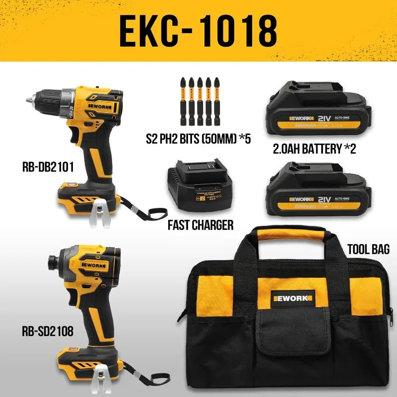 Compact Cordless Drill and Impact Driver Combo Kit 21V Brushless Power Tool Set with (2) 2.0Ah Batteries and Fast Charger