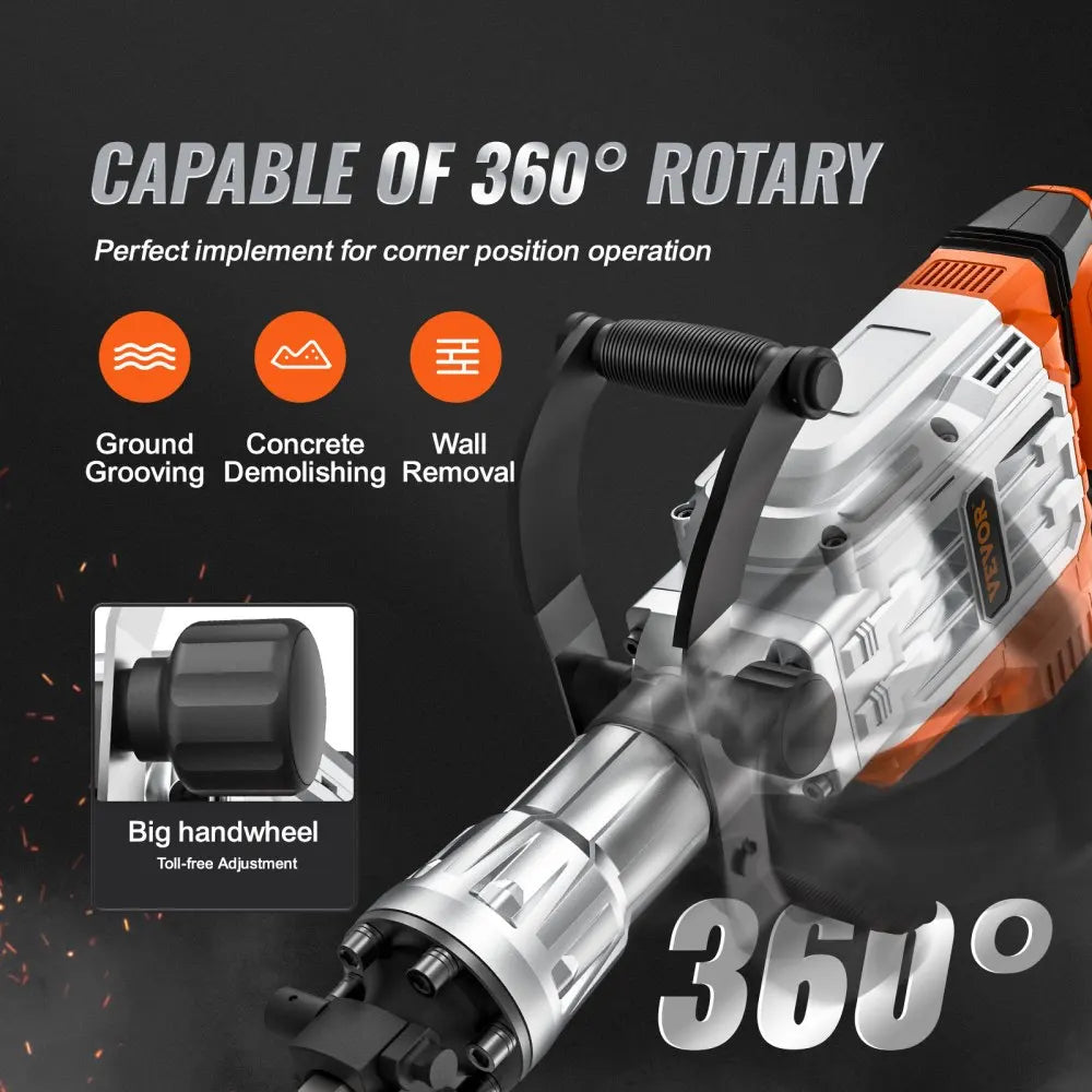 VEVOR 3500W Demolition Jack Hammer 60J Electric Jackhammer Concrete Breaker with 2 Chisel Bits for Trenching and Breaking Holes