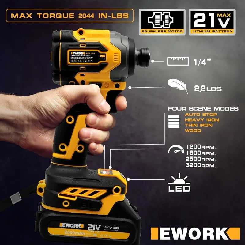 Compact Cordless Drill and Impact Driver Combo Kit 21V Brushless Power Tool Set with (2) 2.0Ah Batteries and Fast Charger