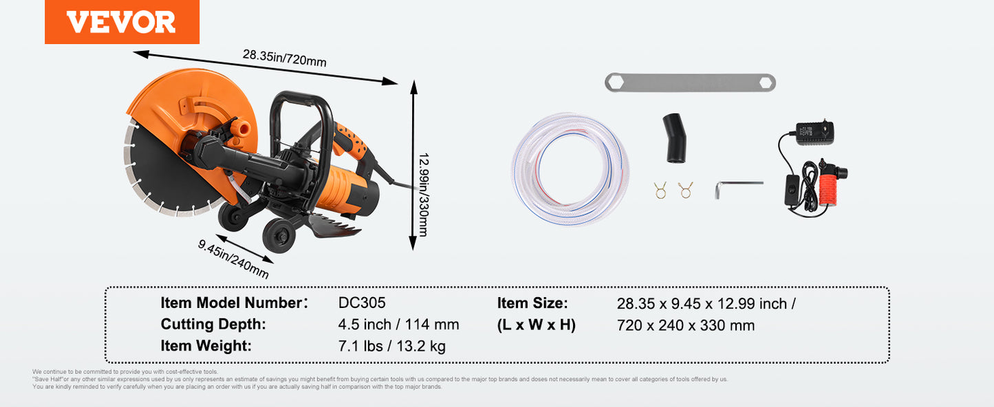 VEVOR Electric Concrete Saw 15A Motor Circular Saw Cutter with Max. 6 in Adjustable Cutting Depth Wet Disk Saw Cutter for Brick