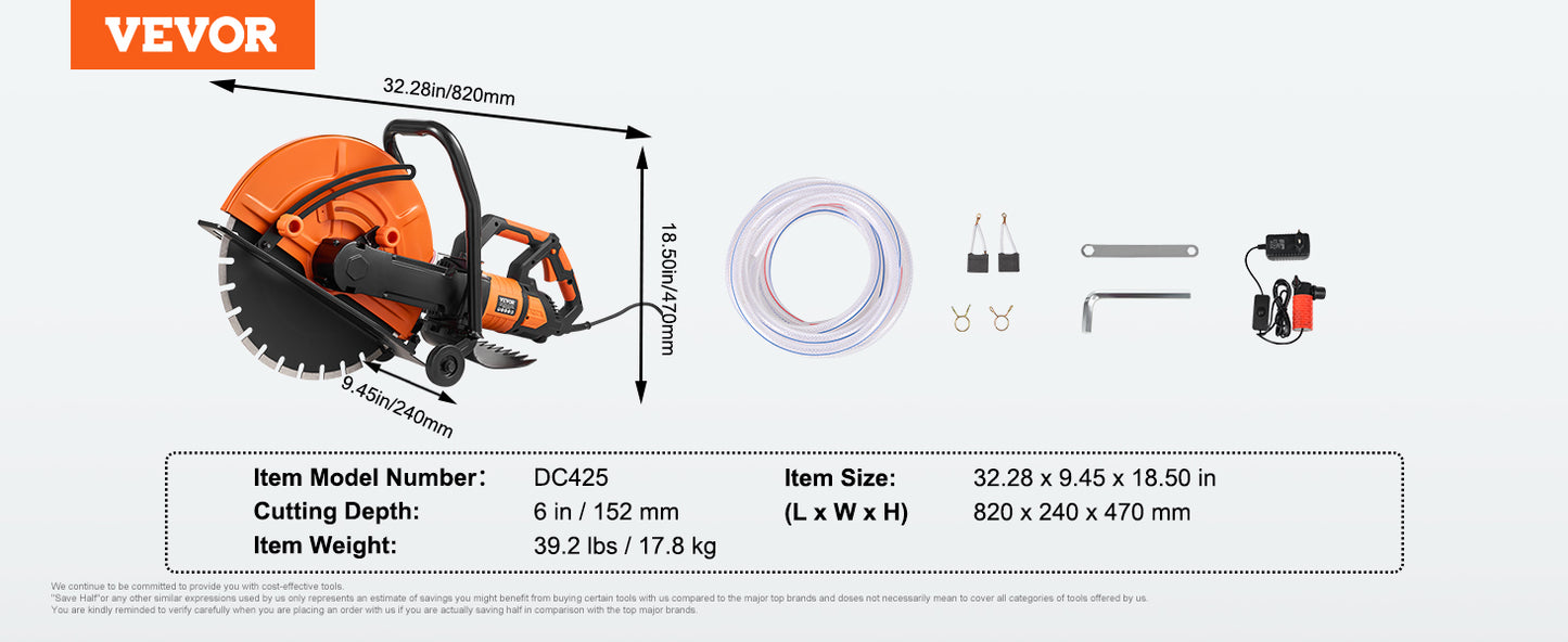 VEVOR Electric Concrete Saw 15A Motor Circular Saw Cutter with Max. 6 in Adjustable Cutting Depth Wet Disk Saw Cutter for Brick