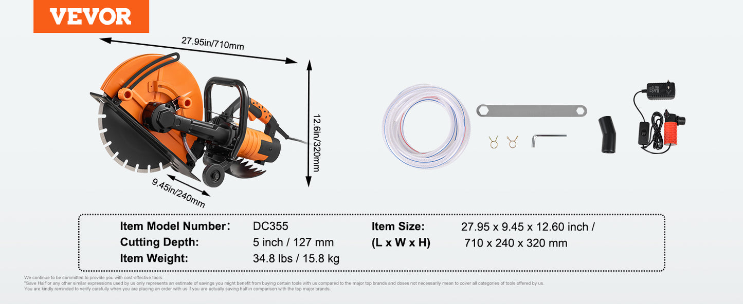VEVOR Electric Concrete Saw 15A Motor Circular Saw Cutter with Max. 6 in Adjustable Cutting Depth Wet Disk Saw Cutter for Brick