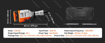 Demolition Jack Hammer Concrete Breaker  95A  Electric Hammer 2 Chisel Bits Drills for Demolition, Trenching, Chipping