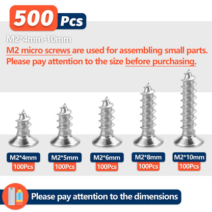 500pcs M2 Self Tapping Phillips Screws Assortment Kit 5 Sizes Alloy Steel Cross Drive Flat Head Self Drilling Wood Screws DIY