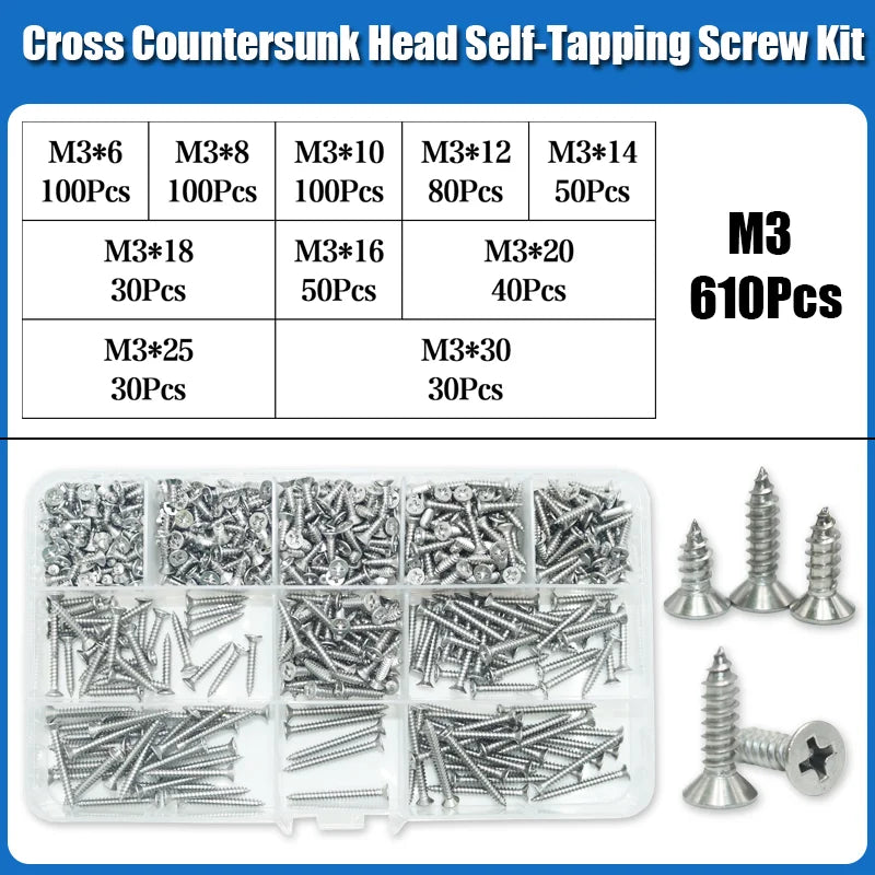 304 Stainless Steel Cross Recessed Countersunk Head Self-tapping Screw Cross Drive Flat Head Self Drilling Furniture Wood Screws