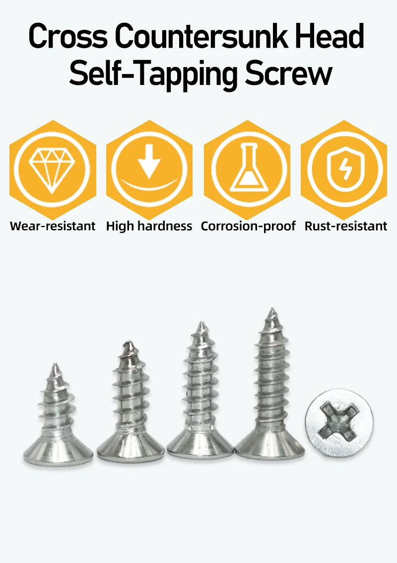 304 Stainless Steel Cross Recessed Countersunk Head Self-tapping Screw Cross Drive Flat Head Self Drilling Furniture Wood Screws