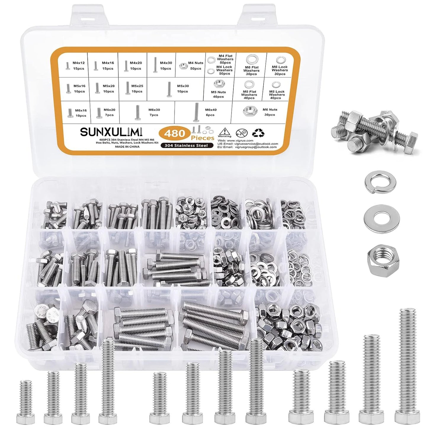 480PCS M4 M5 M6 Bolts Nuts Assortment Kit, Heavy Duty 304 Stainless Steel, 13 Metric Common Sizes Included