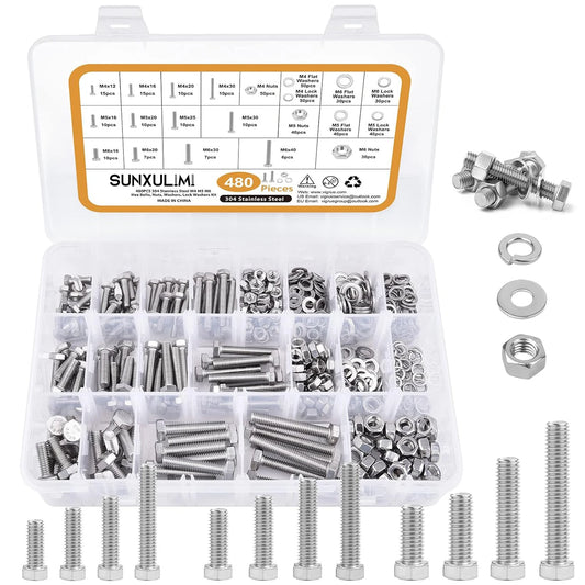 480PCS M4 M5 M6 Bolts Nuts Assortment Kit, Heavy Duty 304 Stainless Steel, 13 Metric Common Sizes Included