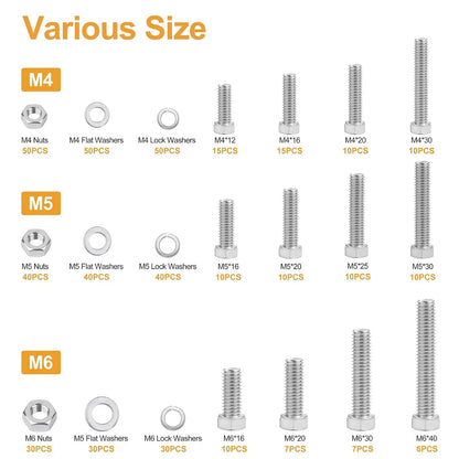480PCS M4 M5 M6 Bolts Nuts Assortment Kit, Heavy Duty 304 Stainless Steel, 13 Metric Common Sizes Included