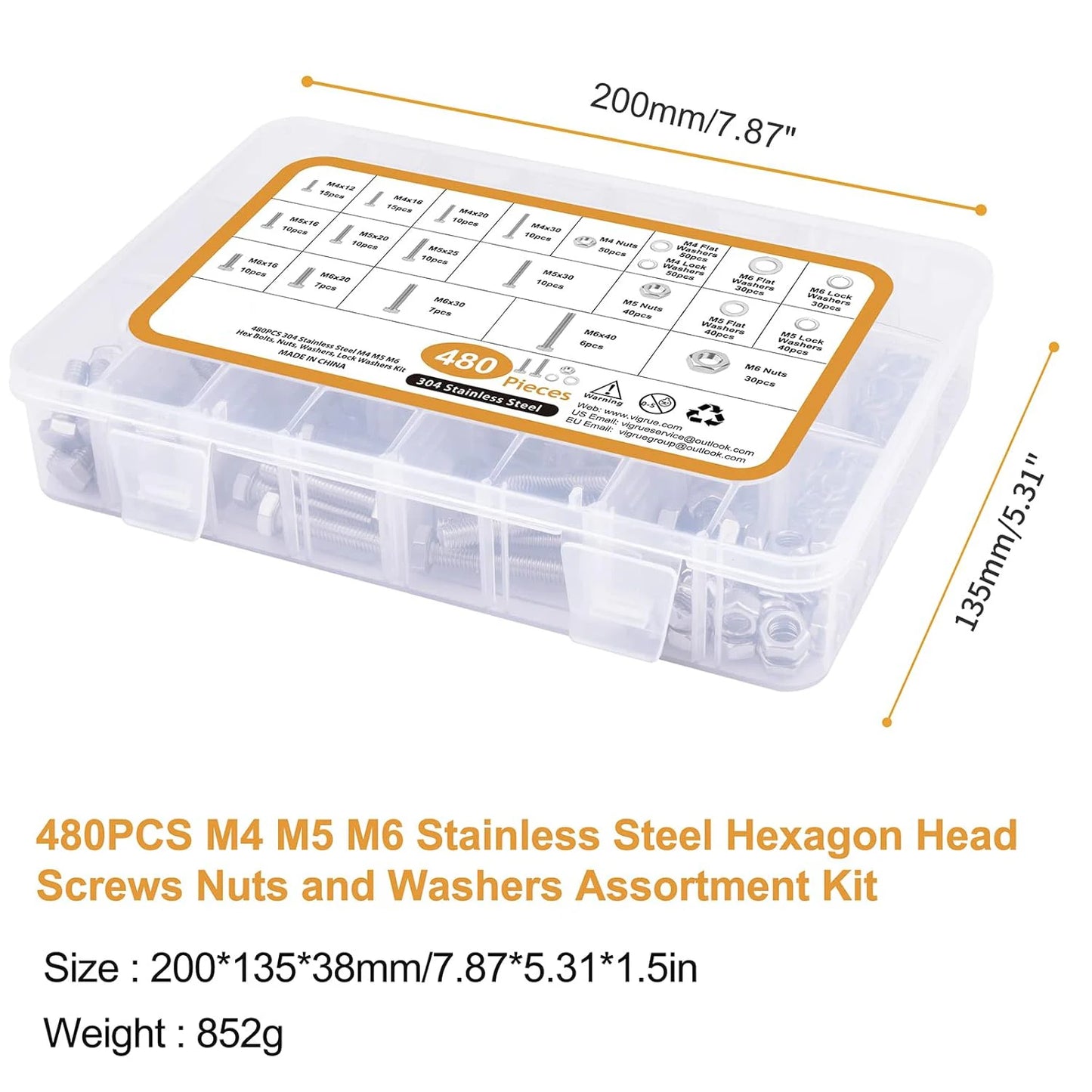 480PCS M4 M5 M6 Bolts Nuts Assortment Kit, Heavy Duty 304 Stainless Steel, 13 Metric Common Sizes Included