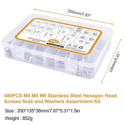480PCS M4 M5 M6 Bolts Nuts Assortment Kit, Heavy Duty 304 Stainless Steel, 13 Metric Common Sizes Included