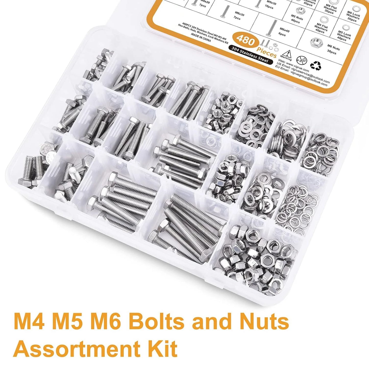 480PCS M4 M5 M6 Bolts Nuts Assortment Kit, Heavy Duty 304 Stainless Steel, 13 Metric Common Sizes Included