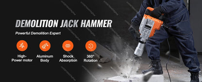 Demolition Jack Hammer Concrete Breaker  95A  Electric Hammer 2 Chisel Bits Drills for Demolition, Trenching, Chipping